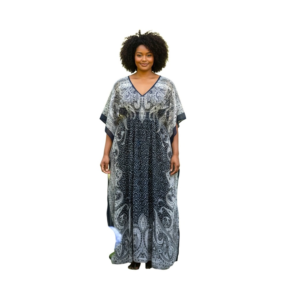 MPH Collection Navy Blue White Paisley Kaftan Maxi Dress‎ V-Neck Kimono Sleeve L